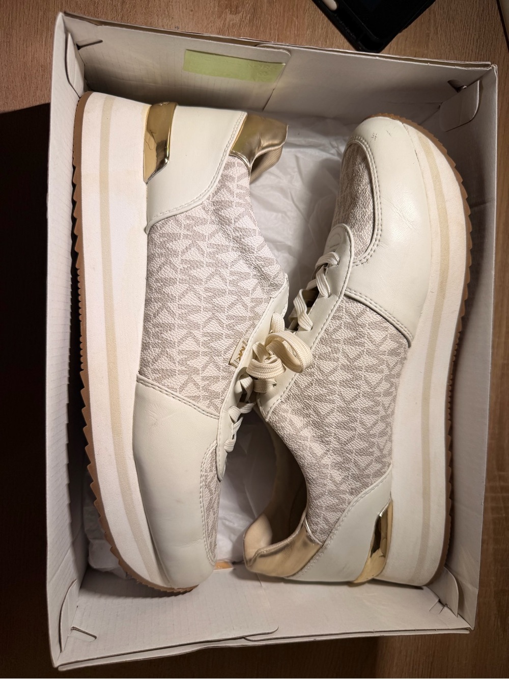 Michael Kors Monique Logo Trainer Sneakers Cream Gold Size 11